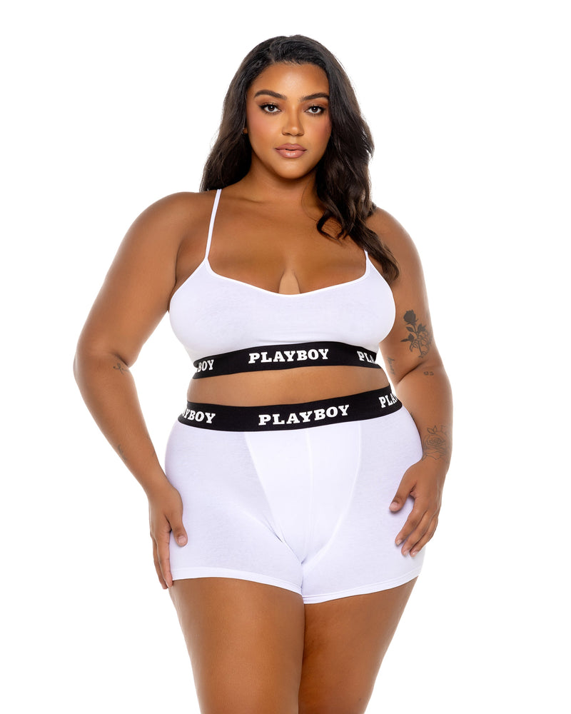 Playboy Bunny Sport Lounge Bralette Bra Set Jersey Knit White Plus Size-Rebel Romance