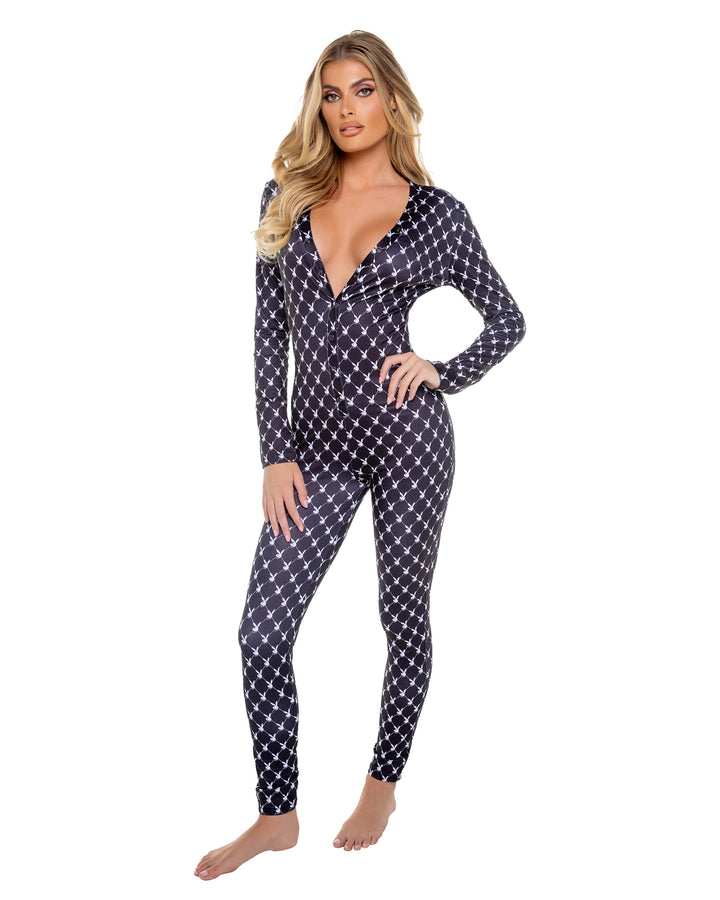 Playboy Bunny Cozy Lounge Union Suit Black Long Sleeve Logo