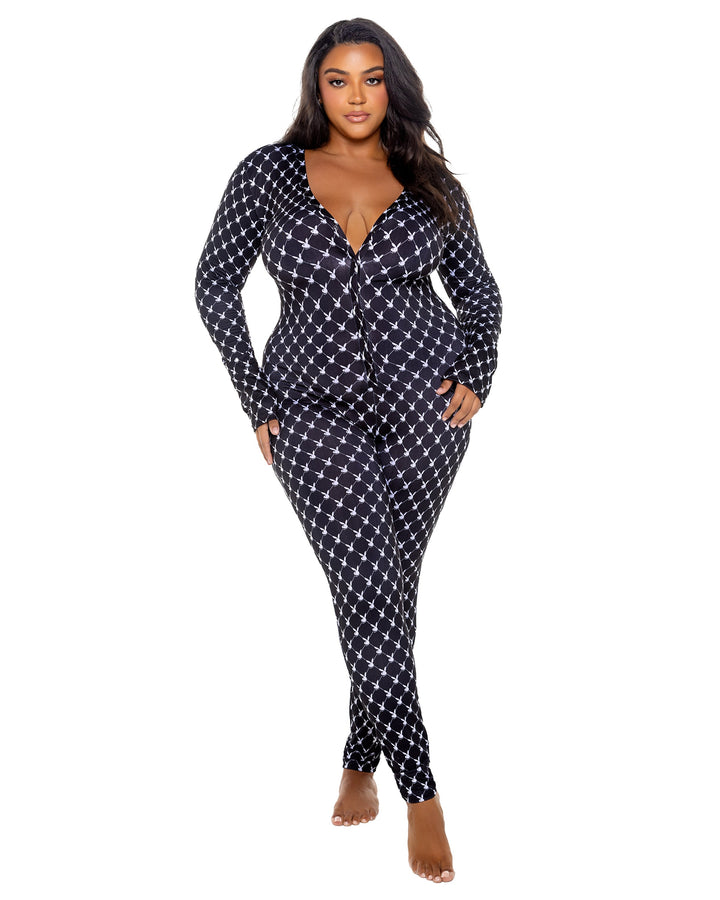 Playboy Bunny Cozy Lounge Union Suit Black Long Sleeve Logo Plus Size