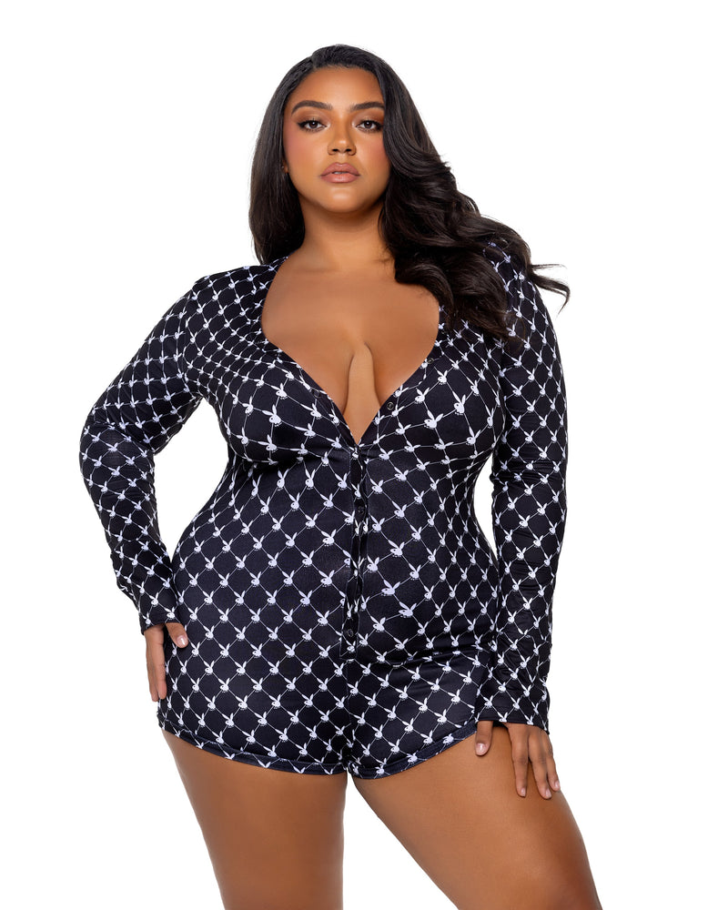 Playboy Bunny Cozy Lounge Romper Logo Black Cozy Fleece Plus Size-Rebel Romance
