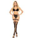 Pink Lipstick Want You Now Bra, Panty & Stockings Set Black