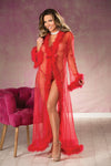 Shirley of Hollywood Sheer Nylon Marabou Trim Long Lavish Robe Red