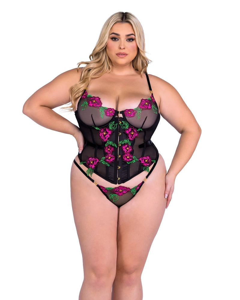 Roma Confidential Queen Floral Embroidery Peony Paradise Corset Thong Set