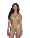 Roma Confidential Think Sparkle Rhinestone Bralette Thong Bra Set Neon Green