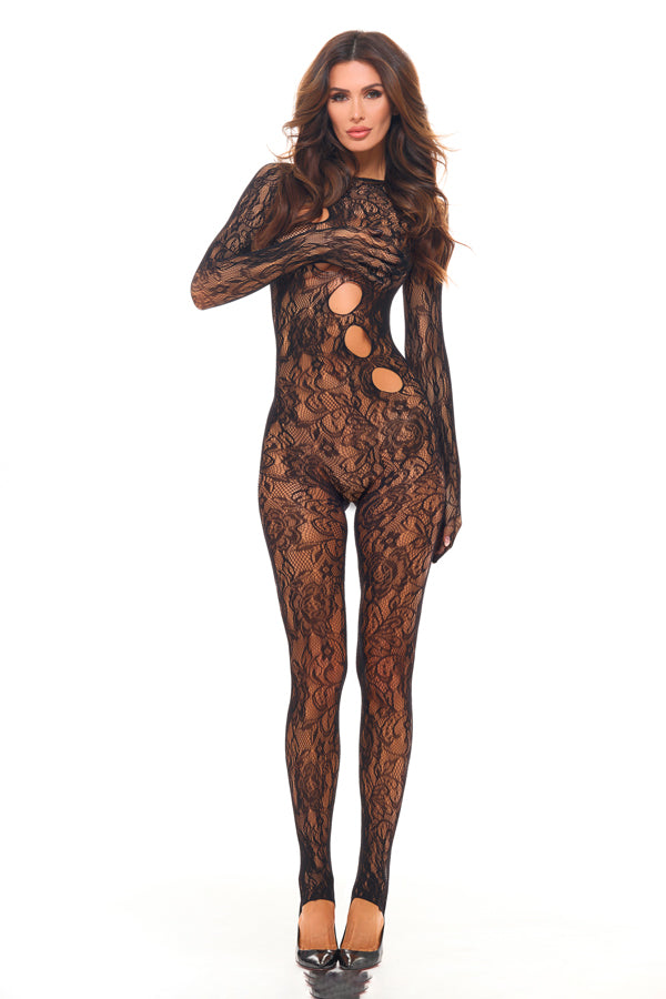 Rene Rofe Split Up Lace Bodystocking Black