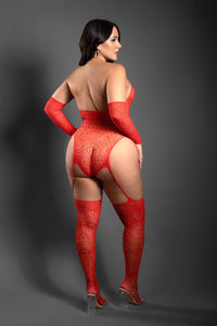 Fantasy Lingerie Sheer Secret Rendezvous Crotchless Teddy Bodystocking & Gloves Queen