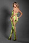 Fantasy Lingerie Sheer Unstoppable Crotchless Rhinestone Bodystocking Neon Green