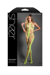 Fantasy Lingerie Sheer Unstoppable Crotchless Rhinestone Bodystocking Neon Green