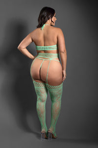 Fantasy Lingerie Sheer Heart Of Glass 3pc Gartered Stockings Set Seaglass Queen