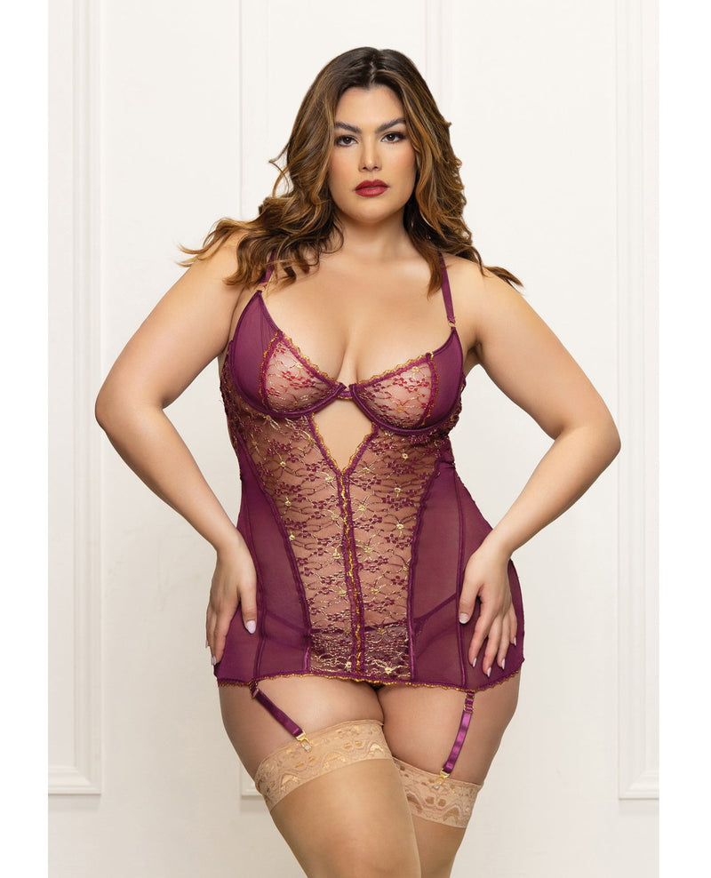 Seven 'til Midnight Queen Holiday Metallic Lace Gartered Chemise & Thong Plum-Rebel Romance