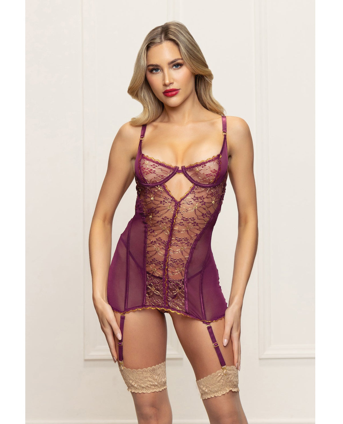 Seven 'til Midnight Holiday Metallic Lace Gartered Chemise & Thong - Plum-Rebel Romance