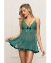 Seven 'til Midnight Holiday Lace Mesh Babydoll Gold Straps & Thong - Green-Rebel Romance
