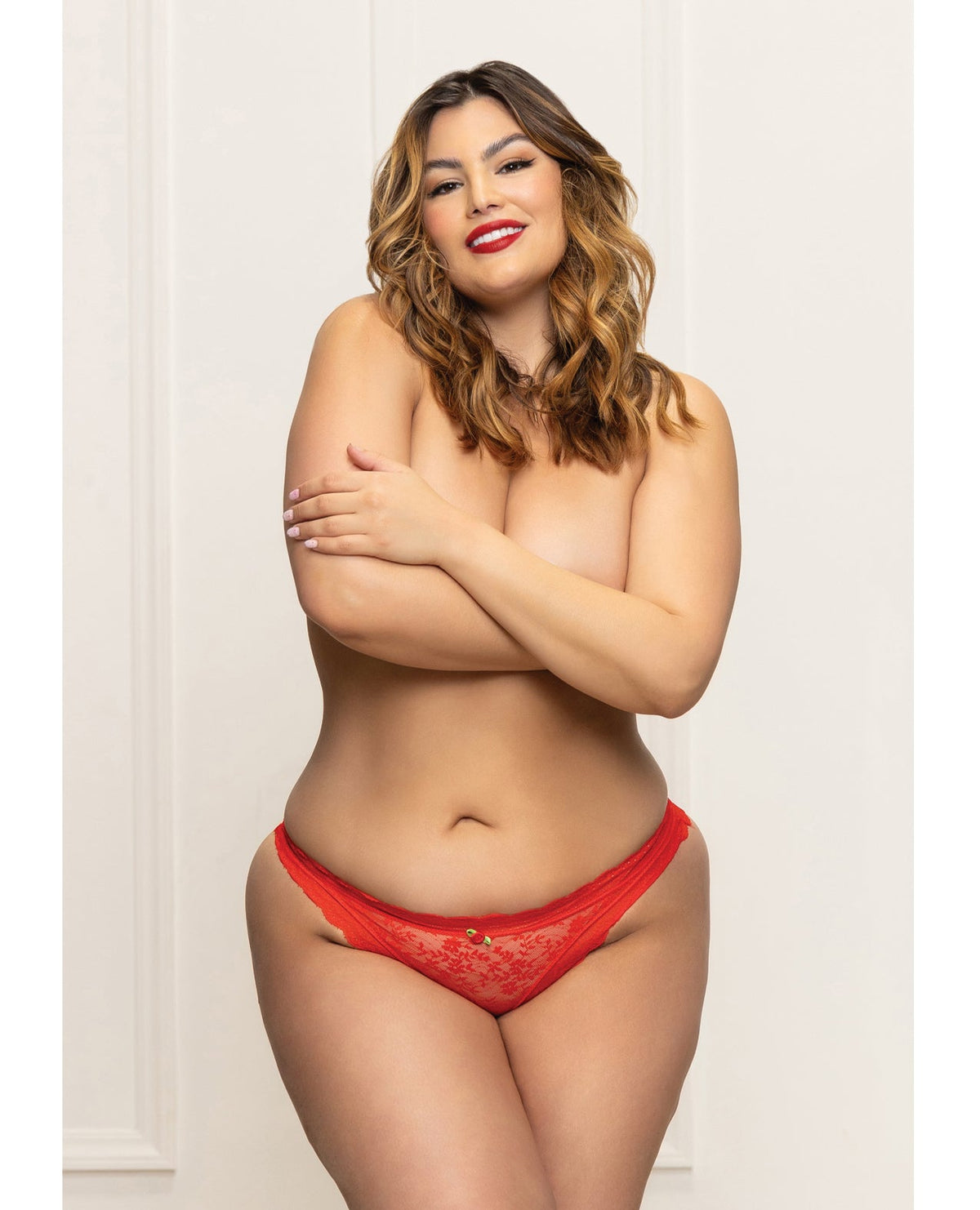 Seven 'til Midnight Queen Lace Panty Heart Cut Out Back & Pearl Chain - Red-Rebel Romance