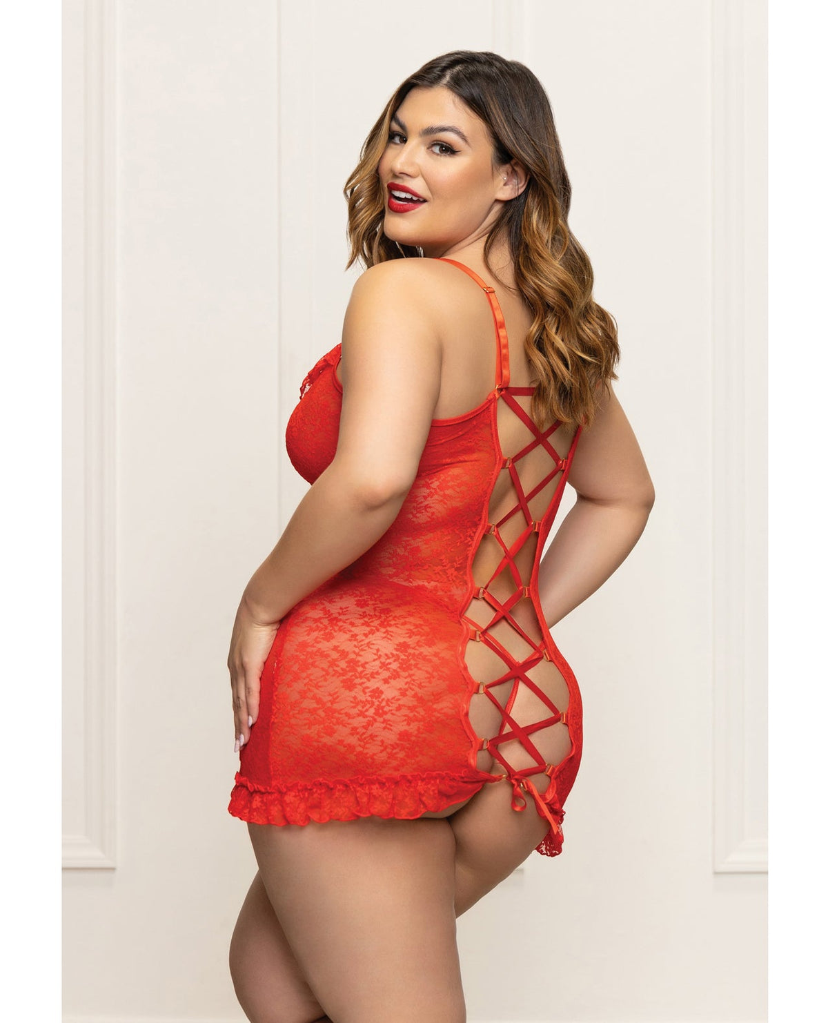 Seven 'til Midnight Queen Holiday Lace Chemise Ruffle Trim & G-String - Red-Rebel Romance