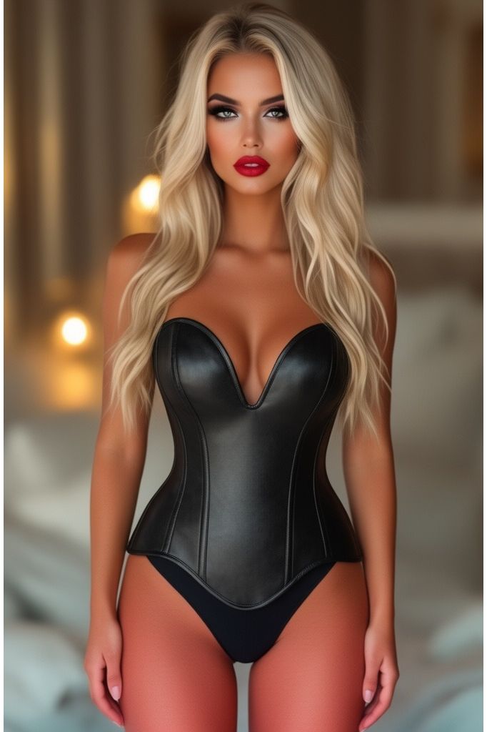 Top Drawer Steel Boned Black Faux Leather Plunge Neckline Overbust Corset