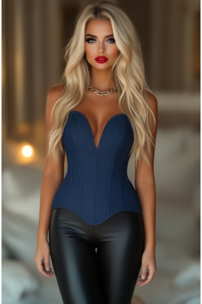 LIMITED EDITION Top Drawer Steel Boned Dark Blue Denim Plunge Neckline Overbust Corset