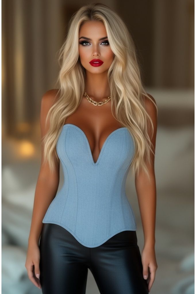 LIMITED EDITION Top Drawer Steel Boned Light Blue Denim Plunge Neckline Overbust Corset