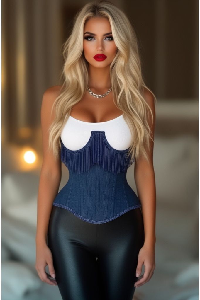 LIMITED EDITION Top Drawer Steel Boned Dark Blue Denim Underwire Underbust Corset Cincher w/Fringe