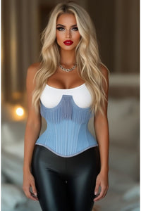 LIMITED EDITION Top Drawer Steel Boned Light Blue Denim Underwire Underbust Corset Cincher w/Fringe