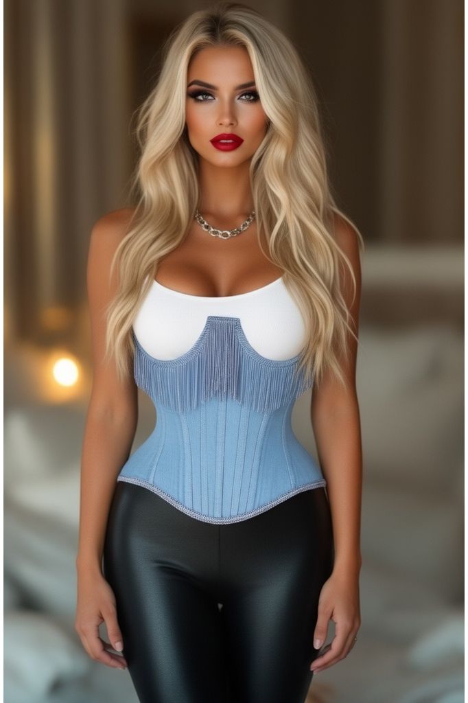 LIMITED EDITION Top Drawer Steel Boned Light Blue Denim Underwire Underbust Corset Cincher w/Fringe