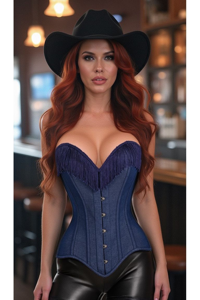 LIMITED EDITION Top Drawer Dark Blue Denim Steel Boned Overbust Corset w/Fringe