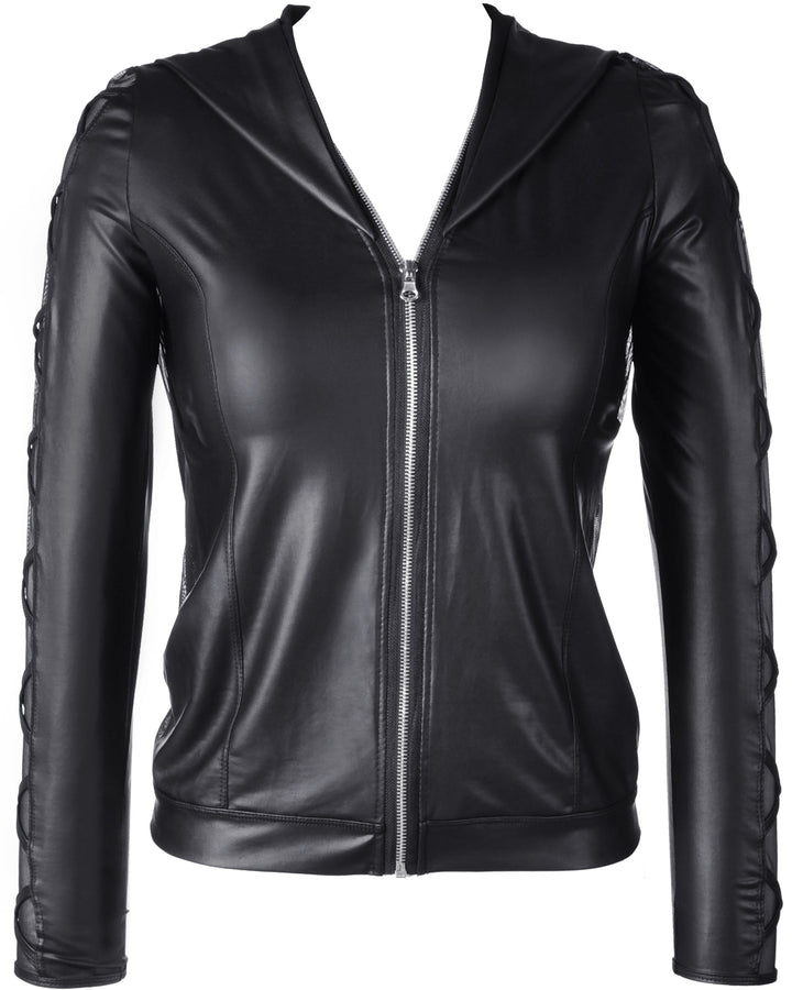 Axami 9320 Sexy Soft Latex Hoodie Top Open Back Zip Front Black