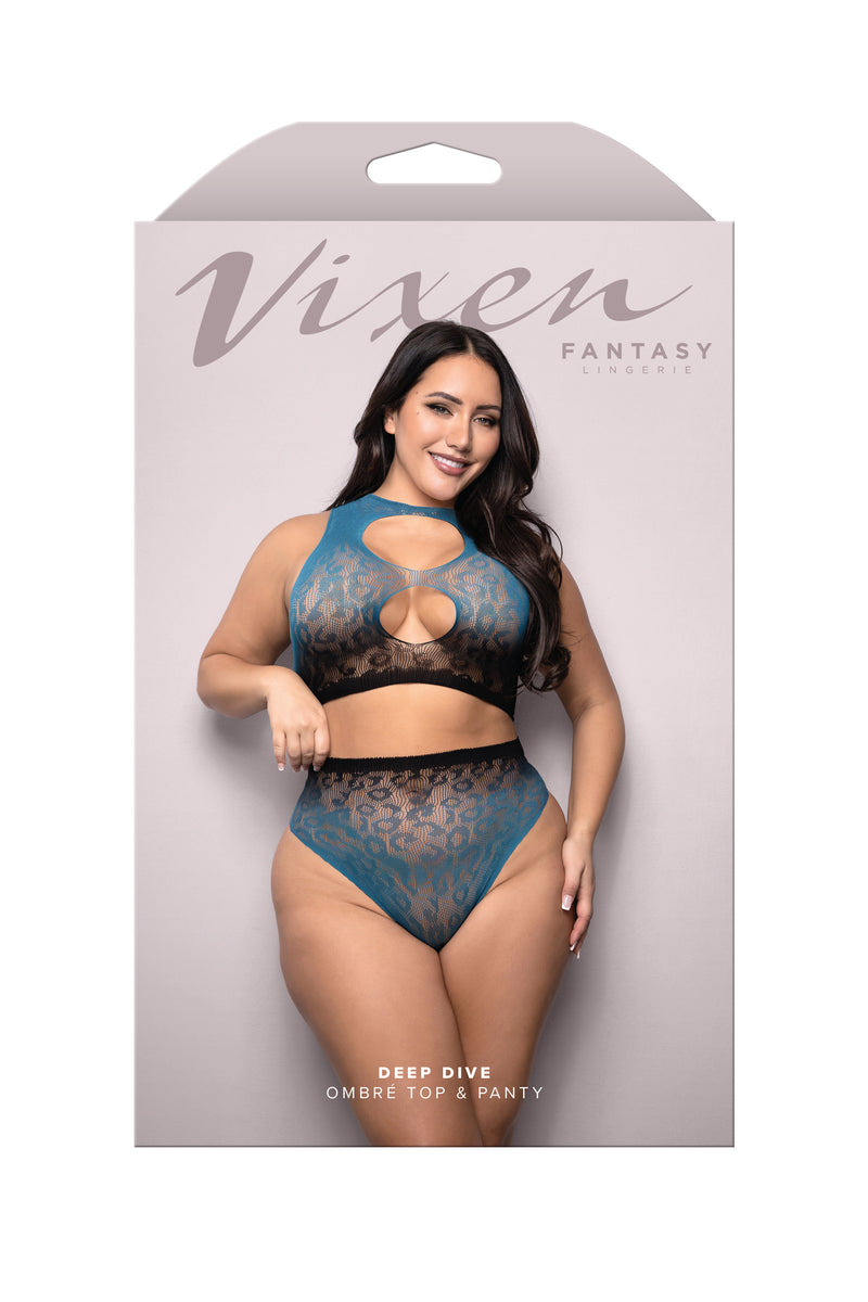 Fantasy Lingerie Vixen Deep Dive Ombré Top & Panty Set Black/Blue Queen