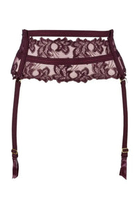 Axami Acai Berry Luxe garter belt in exclusive purple and gold lace with golden adjustable elements.