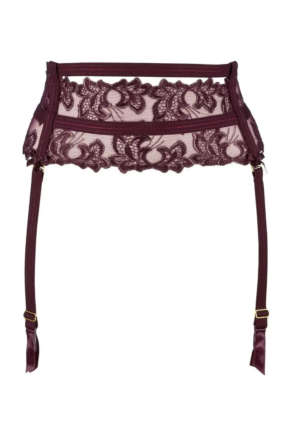 Axami Acai Berry Luxe garter belt in exclusive purple and gold lace with golden adjustable elements.