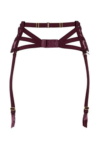 Axami Acai Berry Luxe garter belt in purple and gold lace with golden adjustable elements.