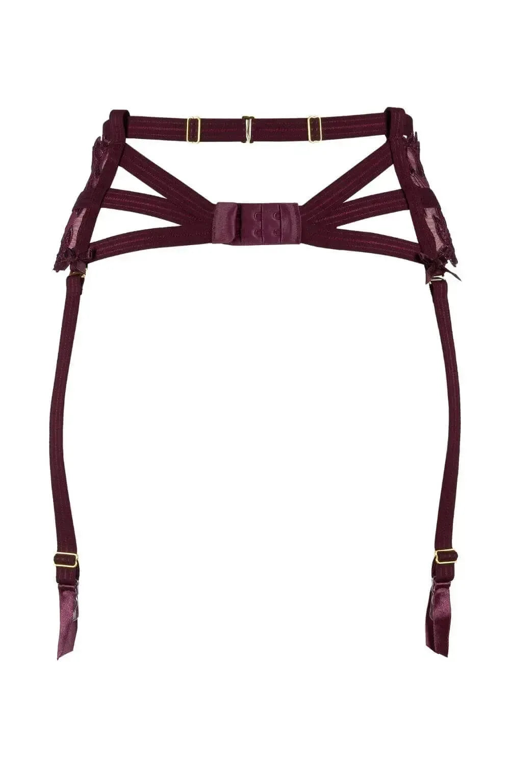 Axami Acai Berry Luxe garter belt in purple and gold lace with golden adjustable elements.