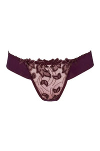 Axami Acai Berry sheer thong with luxurious purple and gold lace, delicate bows, and sensual design.