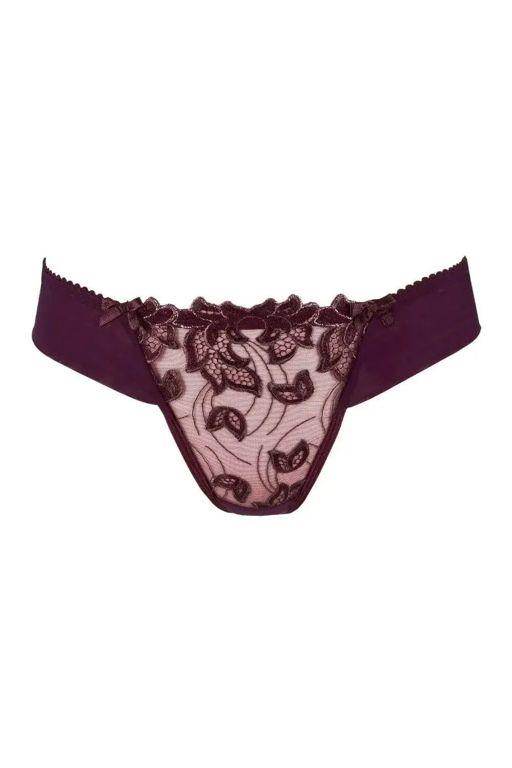 Axami Acai Berry sheer thong with luxurious purple and gold lace, delicate bows, and sensual design.