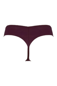 Axami Acai Berry sheer thong with delicate purple and gold lace trim, designed for exceptional comfort.