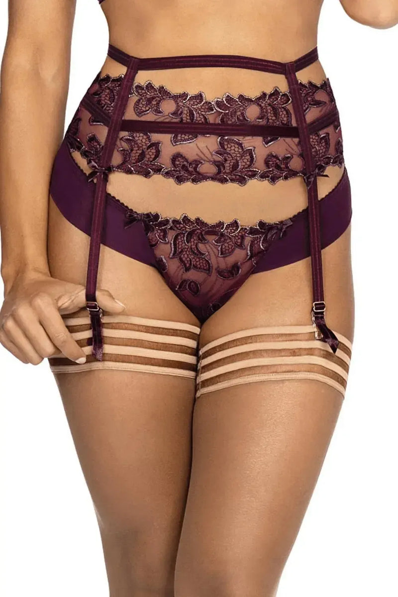Axami Acai Berry sheer thong with purple and gold lace, high-waisted, featuring garter straps and matching stockings.