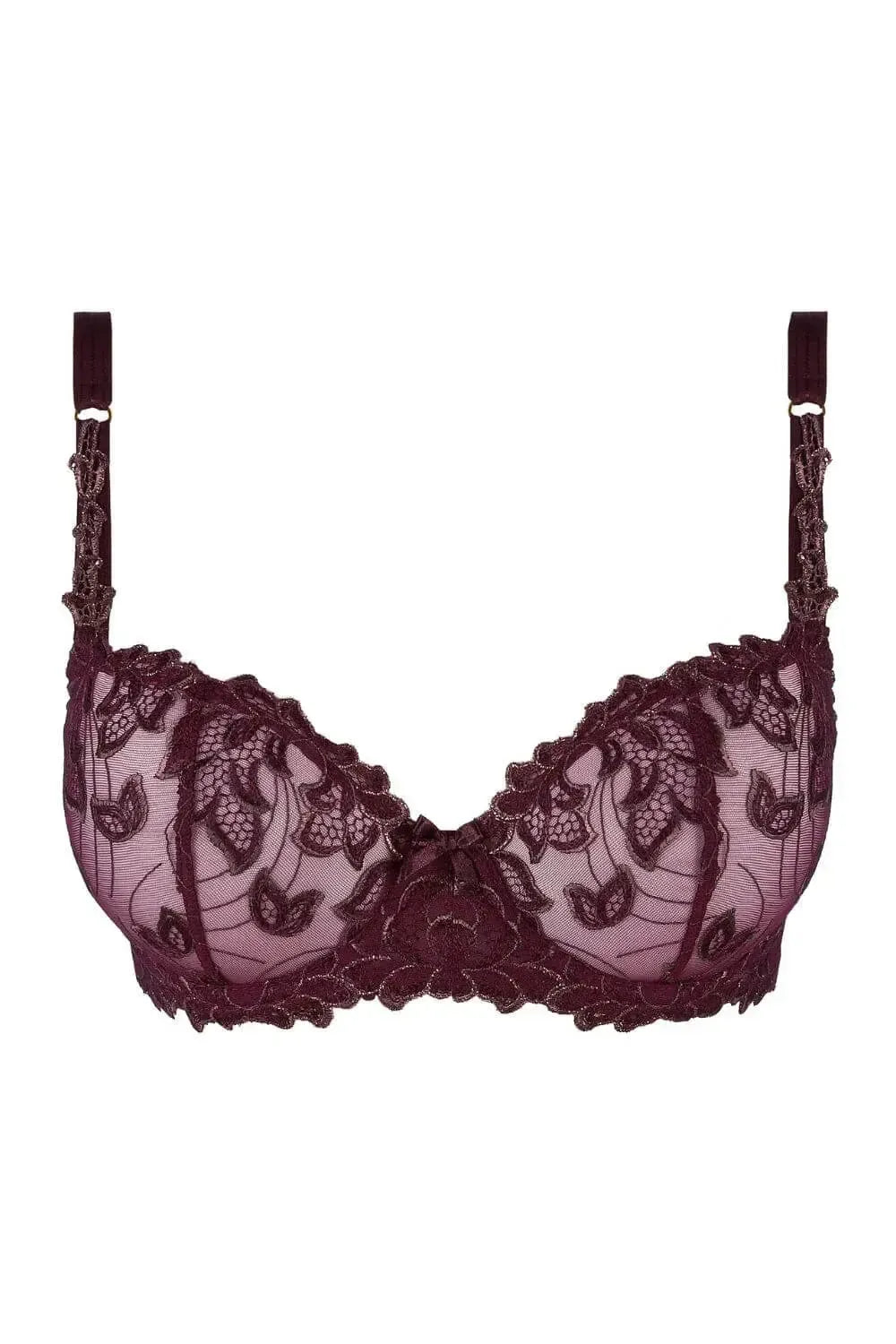 Stunning Axami Acai Berry deep purple sheer mesh balconette bra with delicate embroidery.
