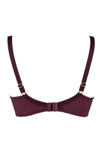 Back of Axami Acai Berry unlined sheer balconette bra in deep purple with adjustable straps.