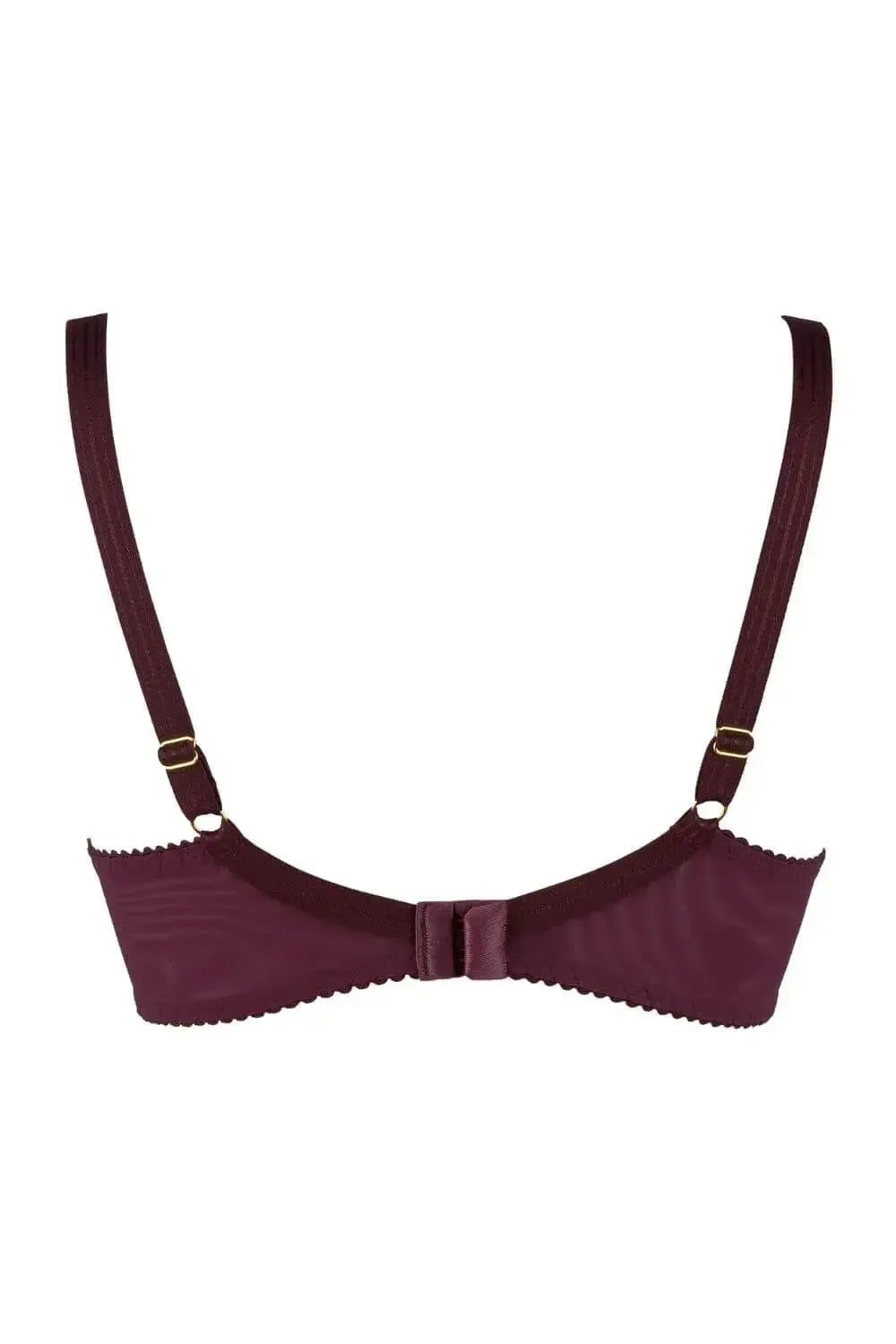 Back of Axami Acai Berry unlined sheer balconette bra in deep purple with adjustable straps.