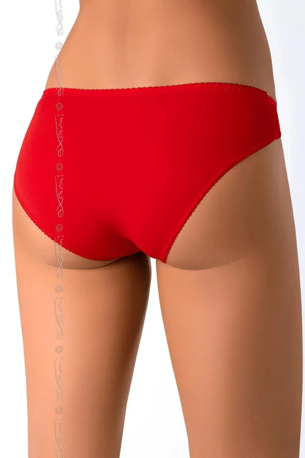 Red Axami Aida bikini briefs with subtle lace trim and smooth back, highlighting hips.