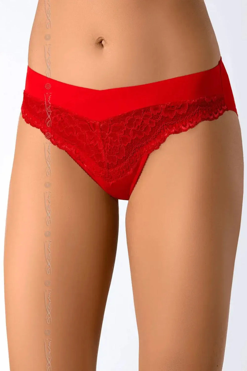 Red Aida bikini briefs with delicate lace detail, designed for classic style and comfort.