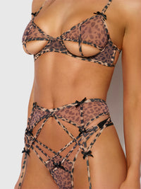 House of Desire Alia Leopard Mesh Bra, Garter, & Backless Panty Set