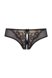 Axami Almond Jelly Peek-a-boo Bikini: tempting black lace on beige Brazilian string with sensual cut.