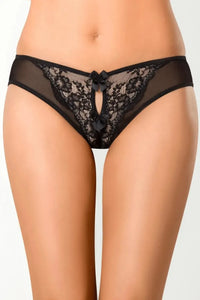 Axami Almond Jelly Peek-a-boo Bikini: tempting black lace on beige, sensual cut, two bows, Brazilian string.