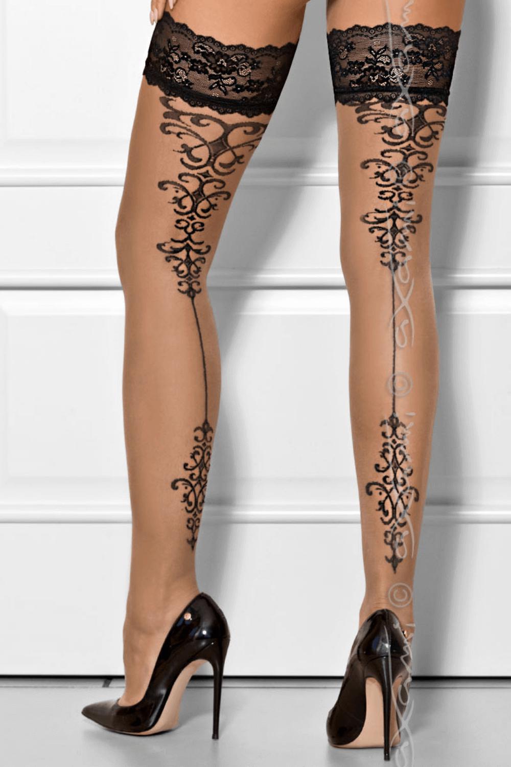 Almond Jelly Sheer Patterned Stockings Hold Ups-Axami-Rebel Romance