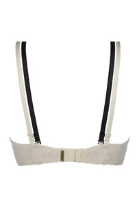 Back of Axami Alstroemeria push-up bra with delicate ivory lace, black lace stripes, and adjustable straps.