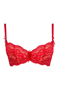 Sensual Axami Amor Amor padded balcony bra in passionate red lace with delicate bows.