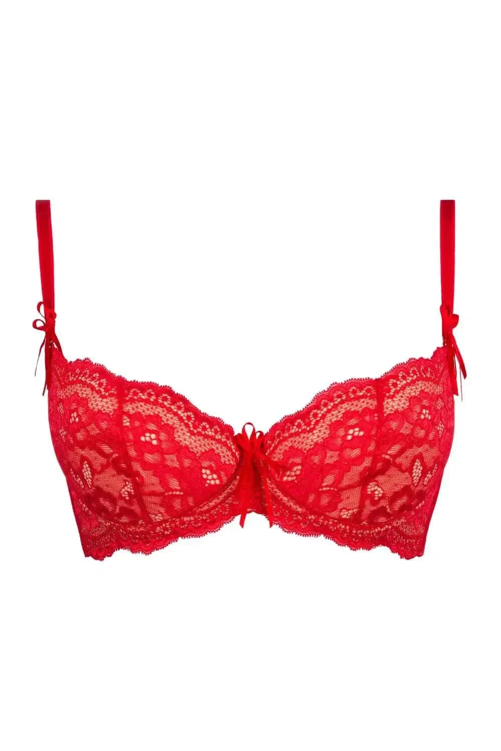 Sensual Axami Amor Amor padded balcony bra in passionate red lace with delicate bows.