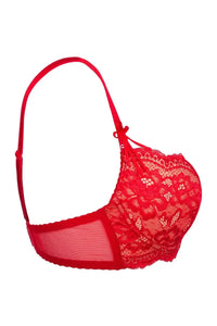 Sensual Axami Amor Amor padded balcony bra in passionate red lace, featuring delicate fabrics and elegant lift.