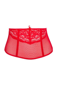 Amor Amor Sheer Waspie Corset: elegant red semi-corset with lace trim and hook-and-eye fastening.