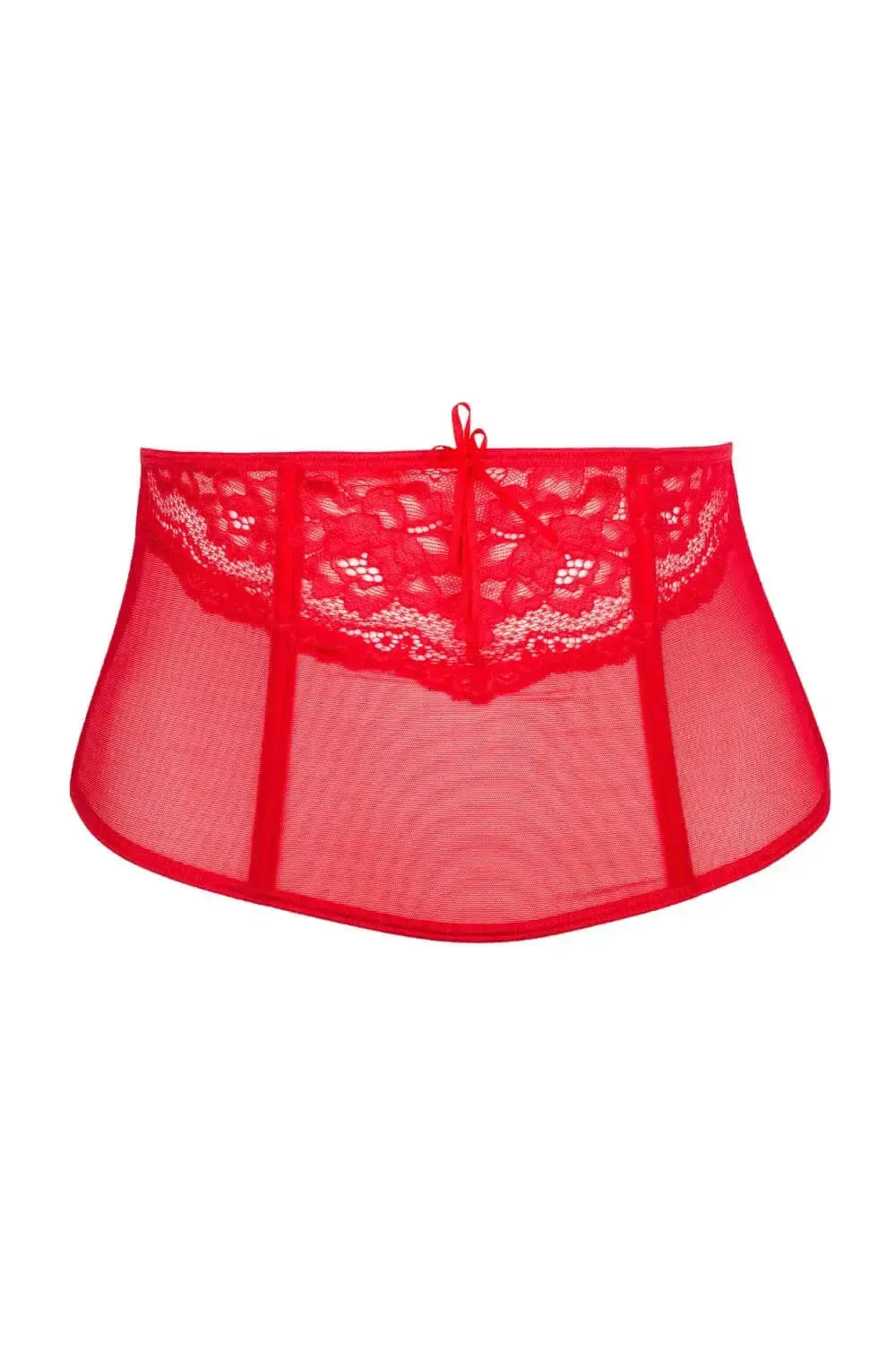 Amor Amor Sheer Waspie Corset: elegant red semi-corset with lace trim and hook-and-eye fastening.